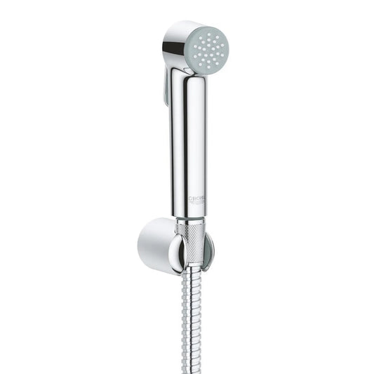 GROHE Tempesta-F 2635400F trigger spray set in chrome, including a round hand spray, silver shower hose, and a matching wall-mounted holder.