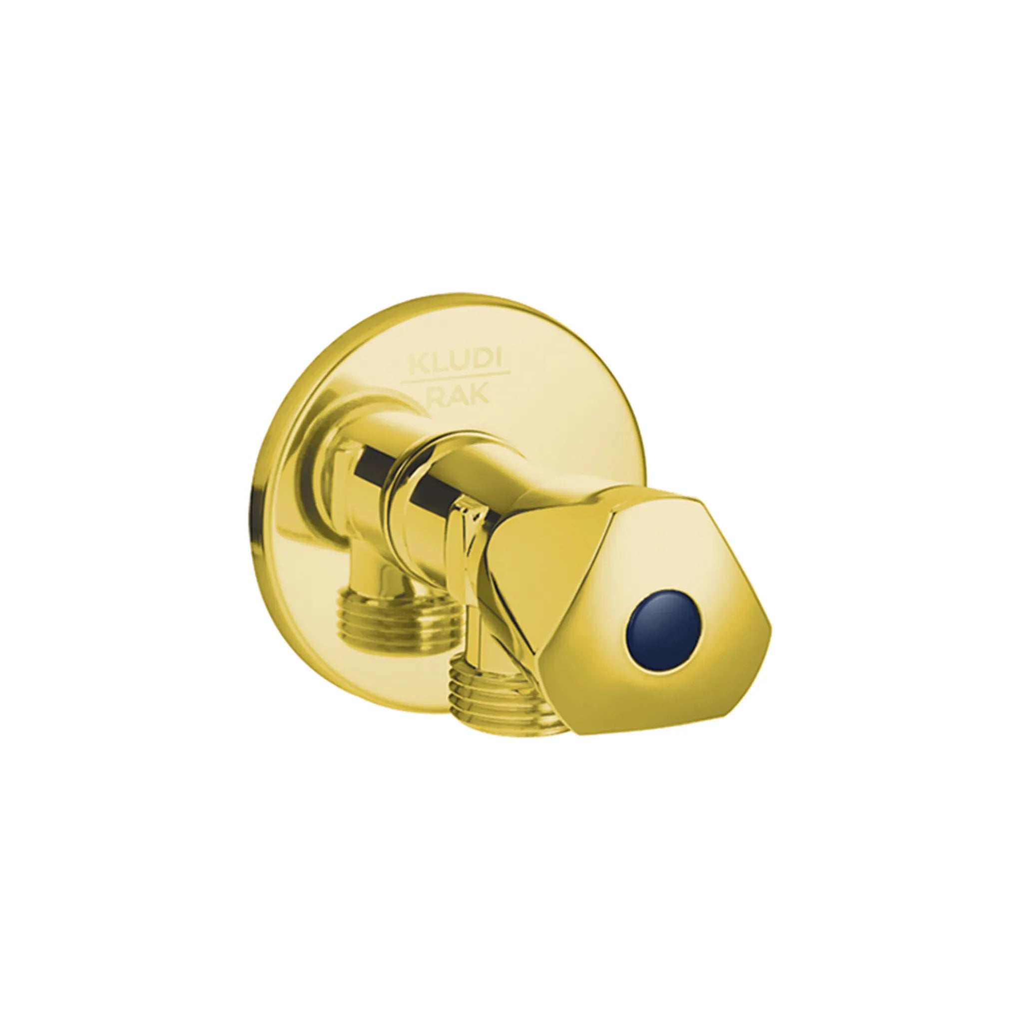Kludi Rak RAK33003.GD1 brass angle valve in polished PVD gold finish featuring a 1/2 inch long body and pentagonal handle.