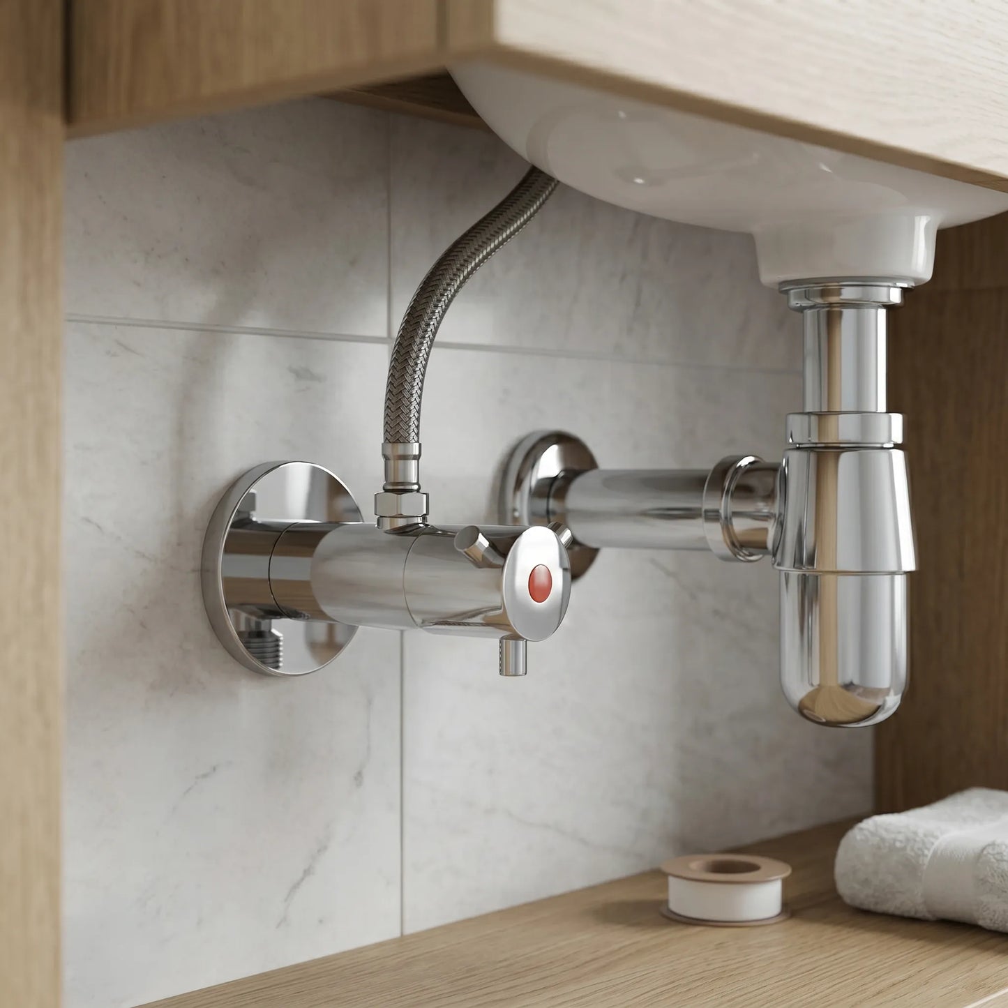 Under-sink bathroom installation featuring the Kludi Rak RAK33006 chrome angle valve connected to a braided flexible hose, positioned next to a chrome bottle trap against a marble tile wall.