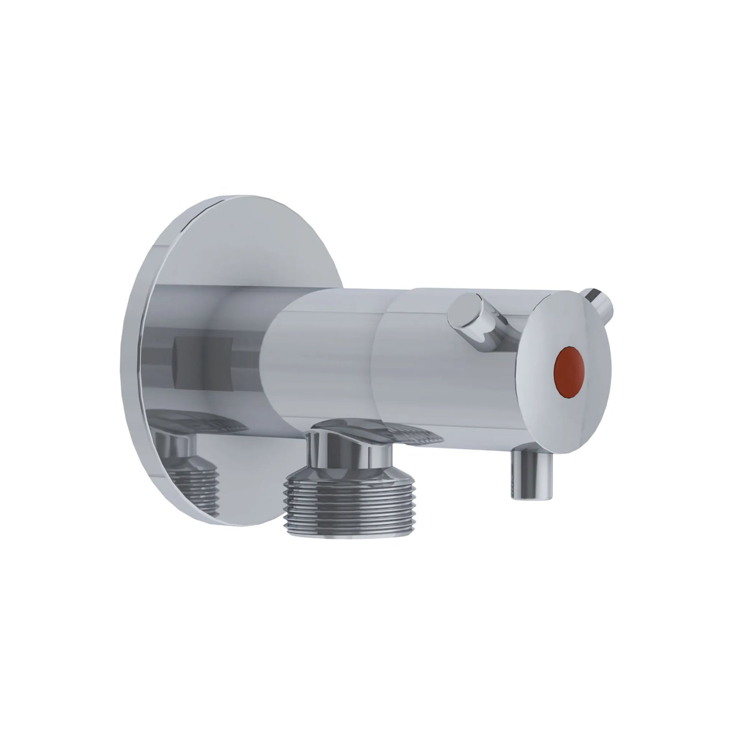 Kludi Rak RAK33006 chrome-plated brass angle valve with a cylindrical body, featuring a cross-style ABS handle with a red hot-water indicator button and a wall-mounting flange.