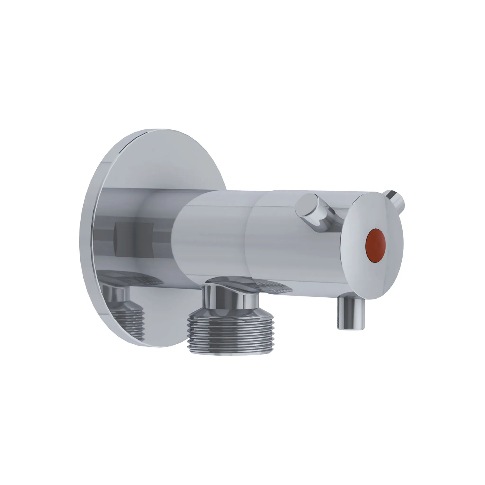 Kludi Rak RAK33006 chrome-plated brass angle valve with a cylindrical body, featuring a cross-style ABS handle with a red hot-water indicator button and a wall-mounting flange.