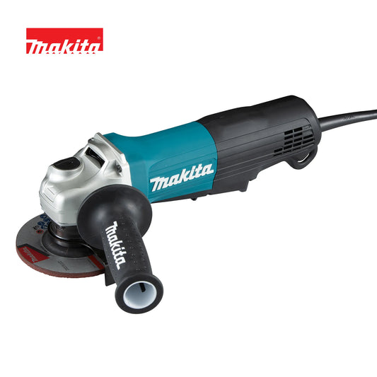 Makita GA4550R corded 115mm angle grinder in classic teal and black, featuring a 1300W motor, large paddle switch, soft start function, and an attached side handle.