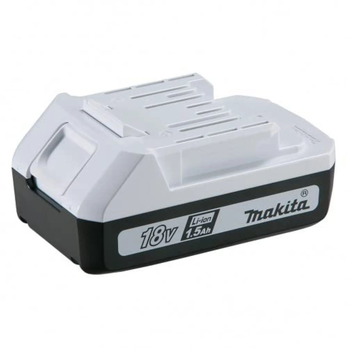 Close-up of a Makita 18V 1.5Ah Li-ion battery (G-Series) featuring a white top and black base with the Makita logo.