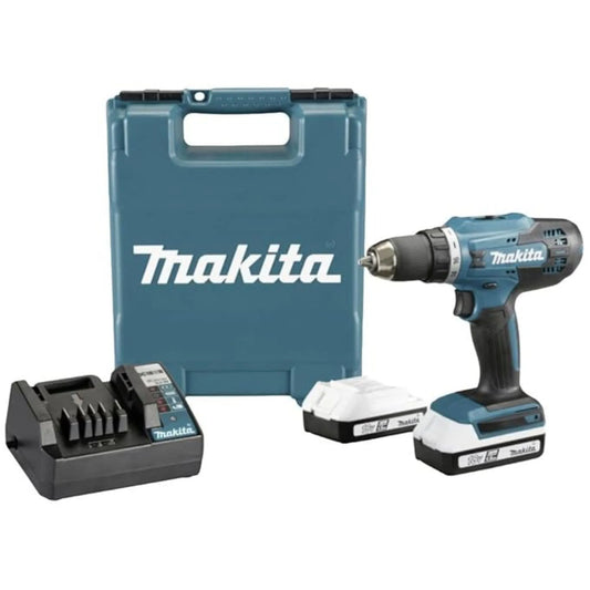 Makita DF488D002 18V cordless driver drill kit featuring the teal drill, two lithium-ion batteries, a battery charger, and a hard shell carrying case.