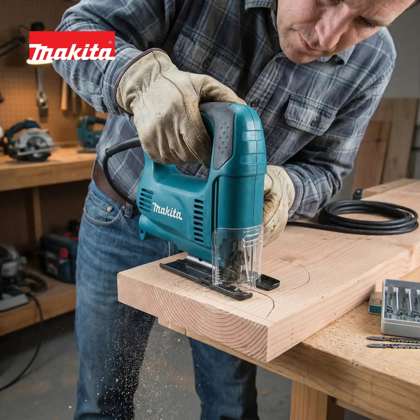 A man with leather gloves using the Makita 4326 jigsaw with its transparent dust guard and blade making a precise, curved cut in a wooden plank, with wood dust flying and extra blades nearby.