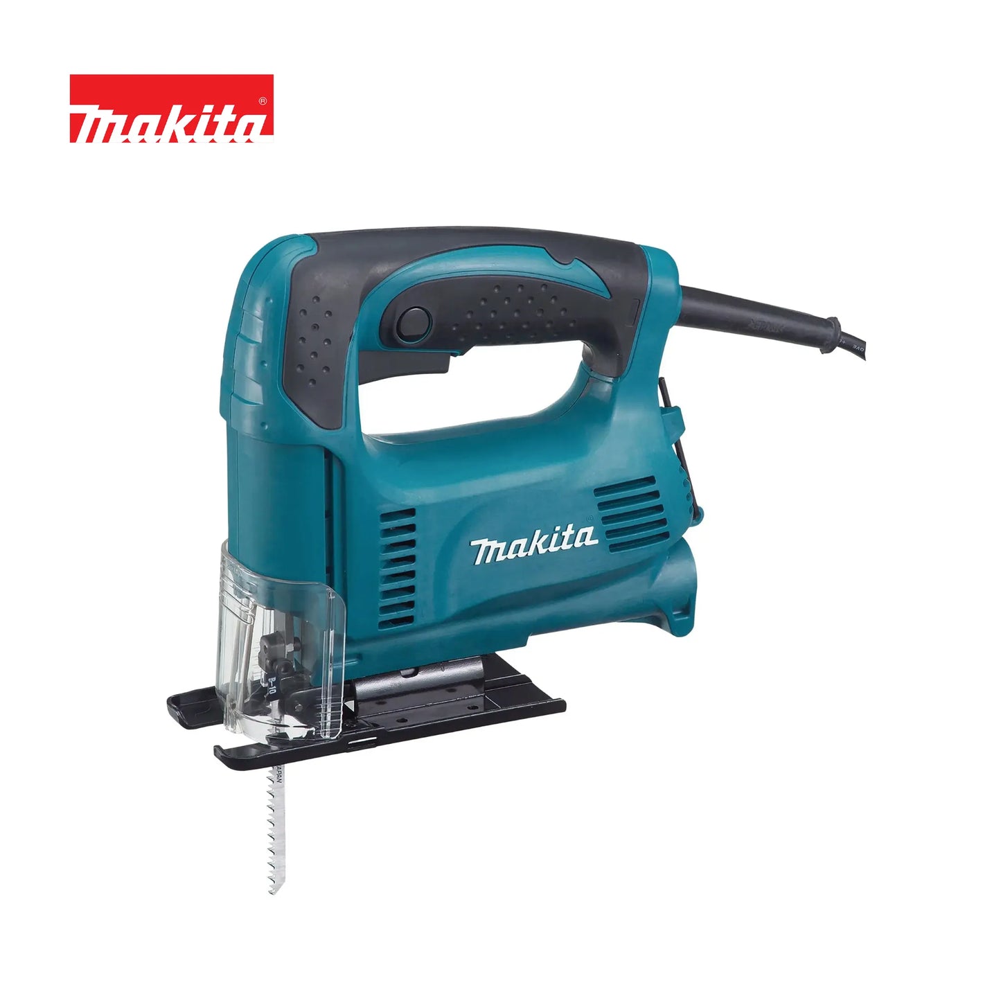 Makita 4326 corded electric jig saw in teal and black featuring a high-speed steel blade and transparent safety guard.
