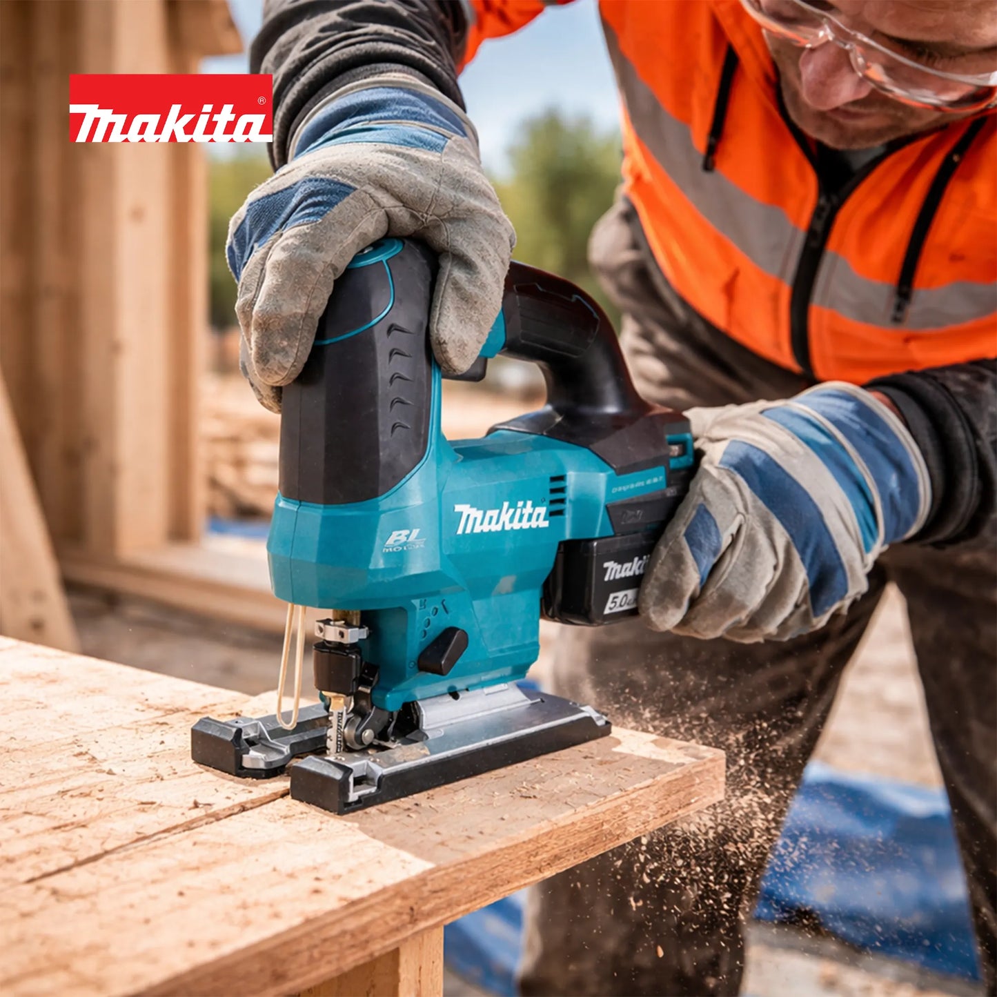 A close-up action shot of a worker in safety glasses, work gloves, and high-visibility gear using the Makita DJV184RFJ 18V LXT Brushless Cordless Jigsaw to cut a curved profile into a thick wooden plank, with sawdust spraying, against a construction site background.