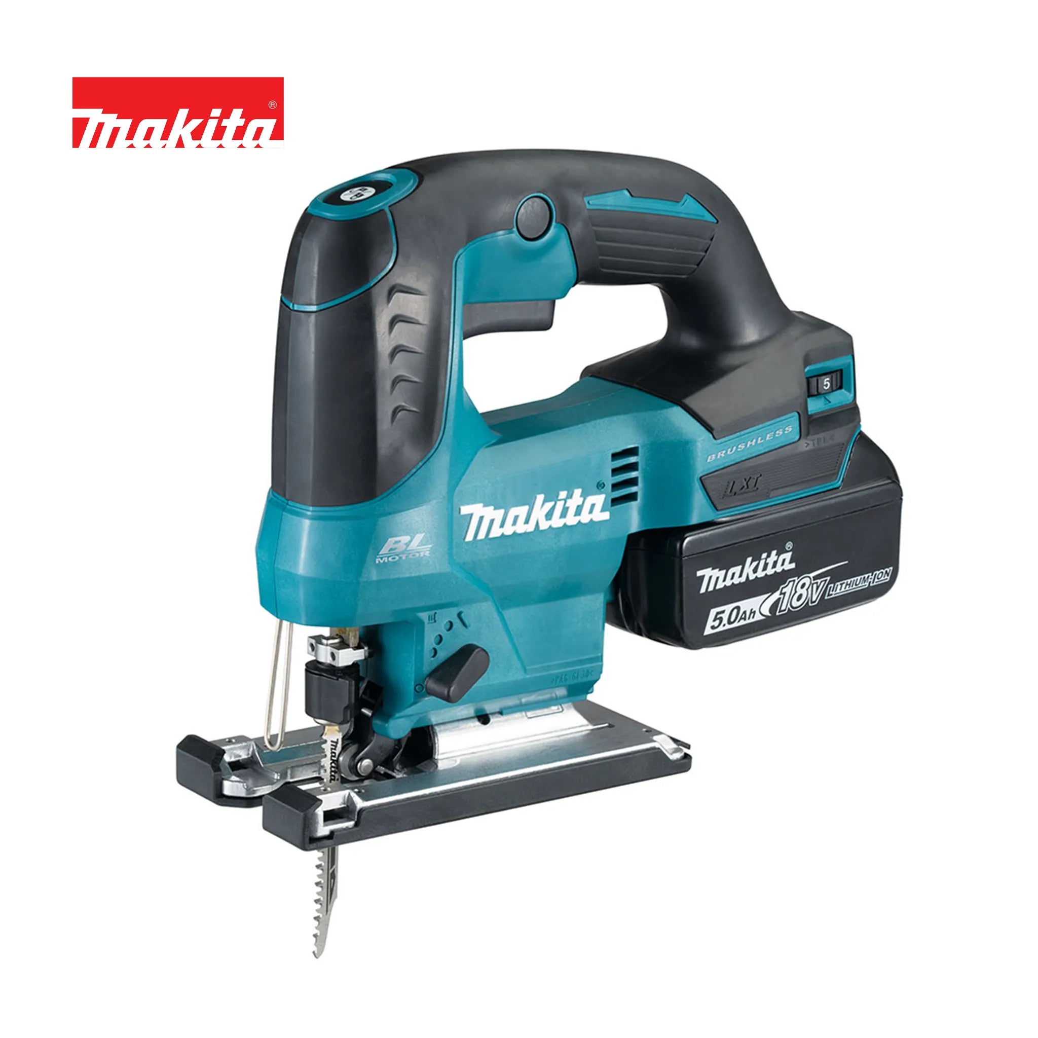 Makita DJV184RFJ 18V LXT Brushless Cordless Jigsaw featuring a top handle design, integrated LED light, and a Makita 5.0Ah 18V Lithium-Ion battery attached, shown on a white background.