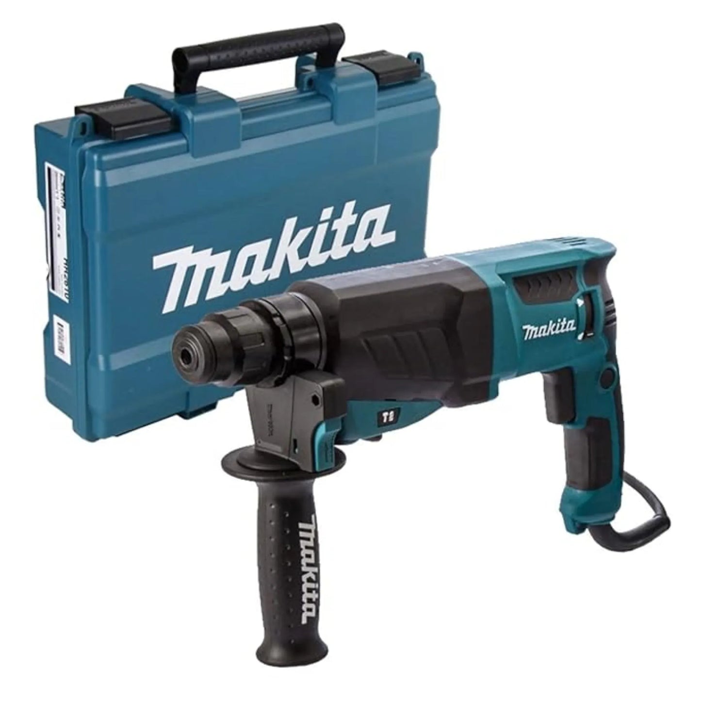 Makita HR2630 3-mode rotary hammer drill with 800W motor and side handle, shown with its teal Makita carrying case.