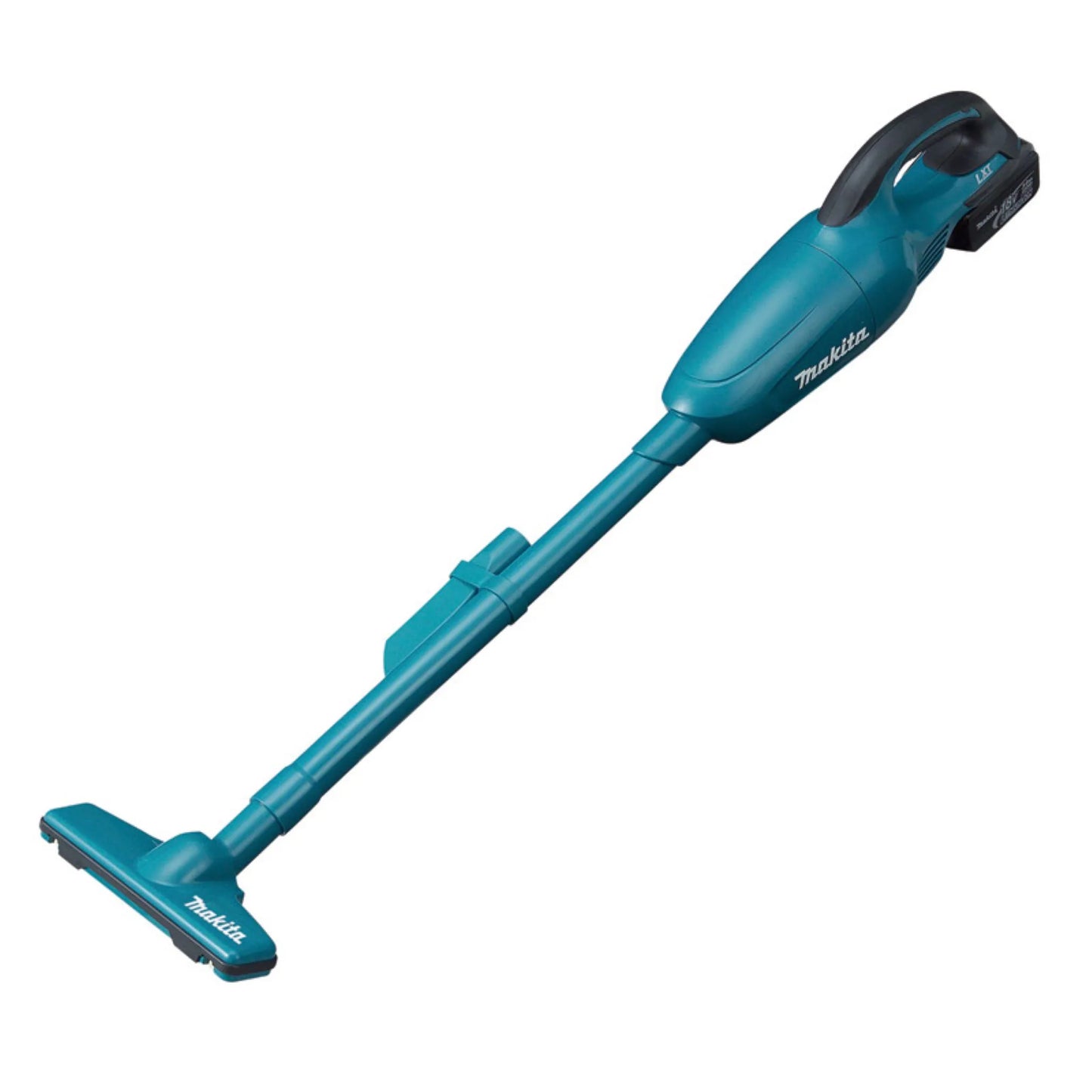 Makita DCL180RF 18V LXT cordless stick vacuum cleaner in signature blue with floor nozzle and extension pipe.