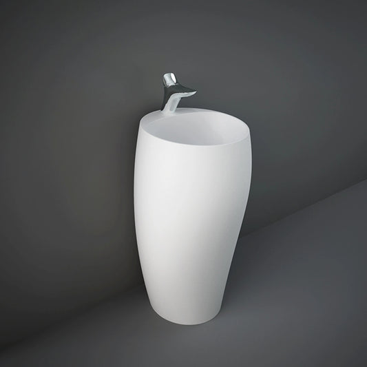 RAK-CLOUD Matt White free-standing pedestal washbasin with integrated tap hole and matching ceramic waste cover.