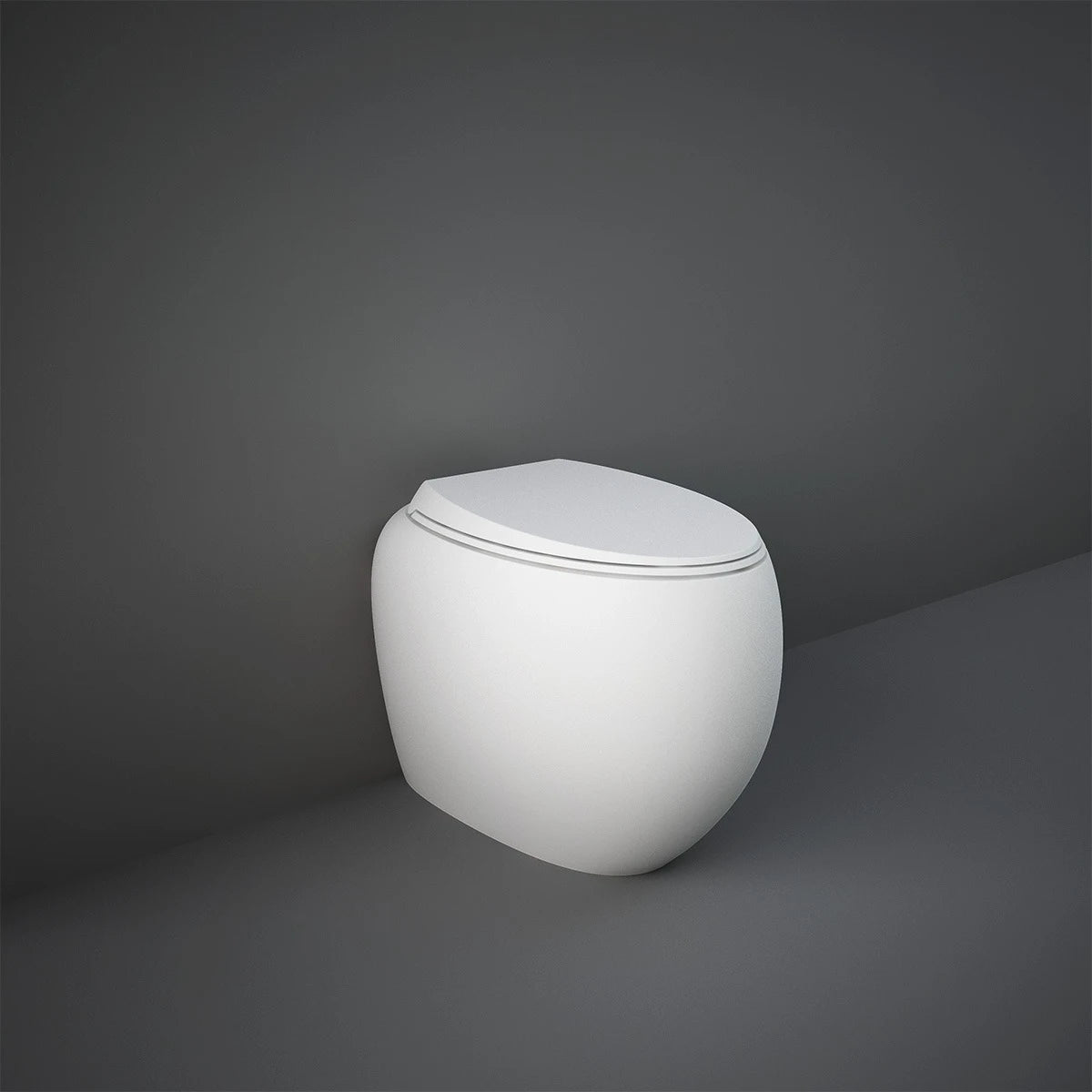 A studio photograph of the RAK-Cloud 56cm Back to Wall Water Closet in Matt White, showcasing its unique oval "cloud" silhouette and smooth rimless interior.