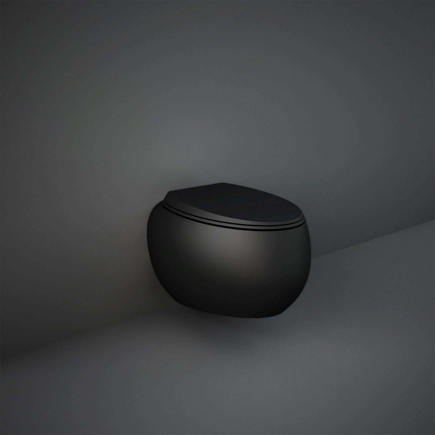 RAK-Cloud CLOWC1446504A rimless wall hung water closet in Matt Black finish, 560mm fluid oval design with hidden fixations.