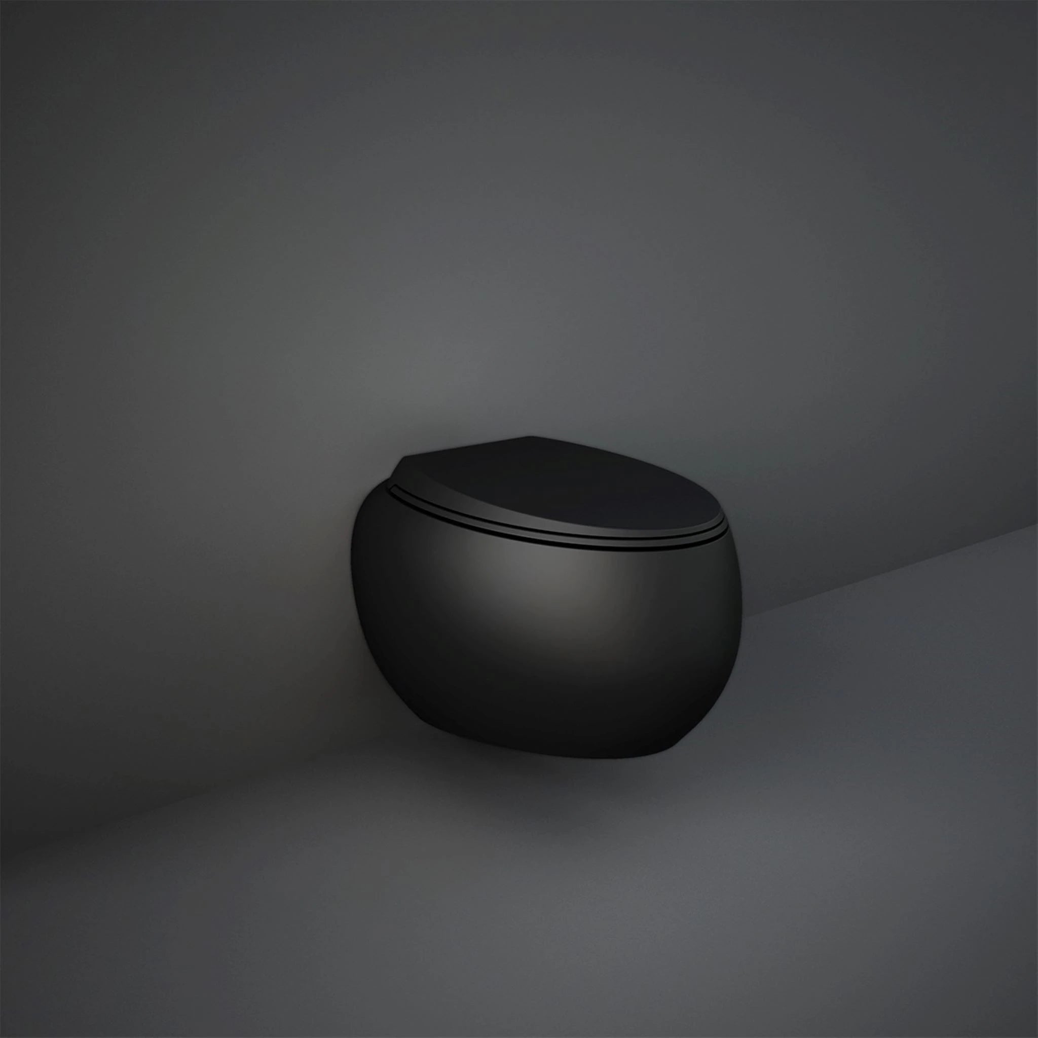 RAK-Cloud CLOWC1446504A rimless wall hung water closet in Matt Black finish, 560mm fluid oval design with hidden fixations.