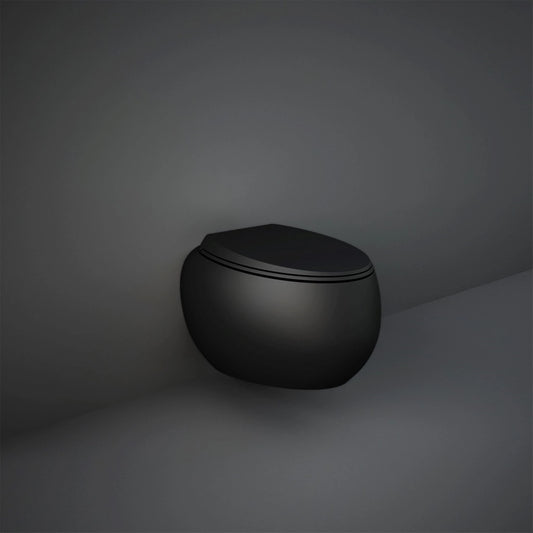 RAK-Cloud CLOWC1446504A rimless wall hung water closet in Matt Black finish, 560mm fluid oval design with hidden fixations.
