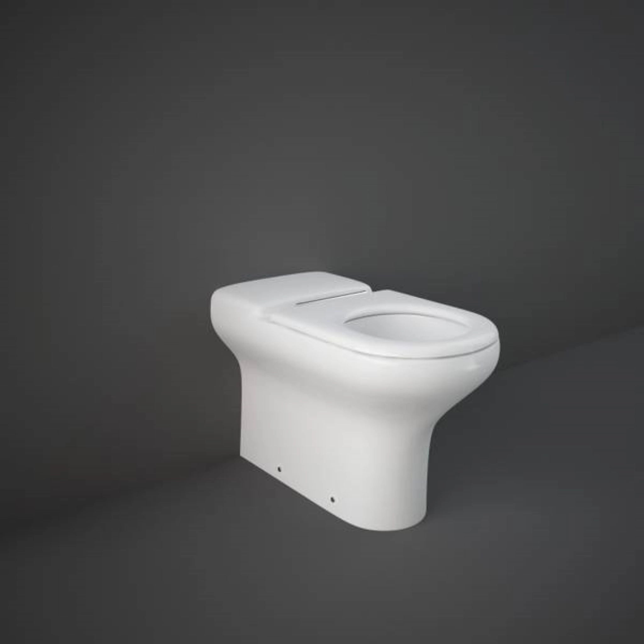 RAK Ceramics Special Needs Compact back-to-wall rimless toilet pan (CO21AWHA) in Alpine White, featuring an extended 750mm depth and comfort height design.
