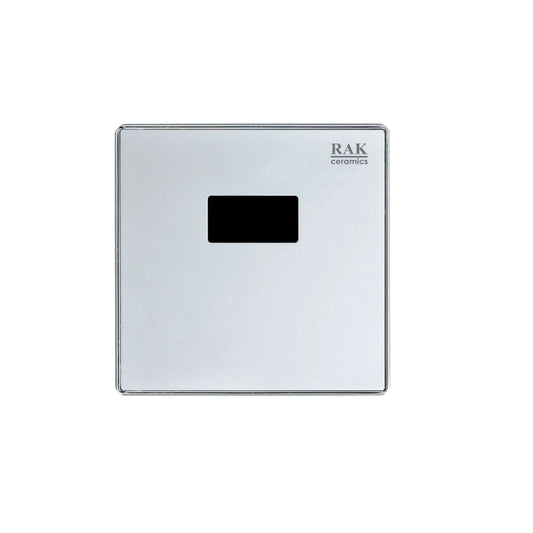 RAK Ceramics square infrared urinal sensor plate in brushed stainless steel (FS10RAK+FS10RAKB), featuring a sleek flat design and central sensor eye.