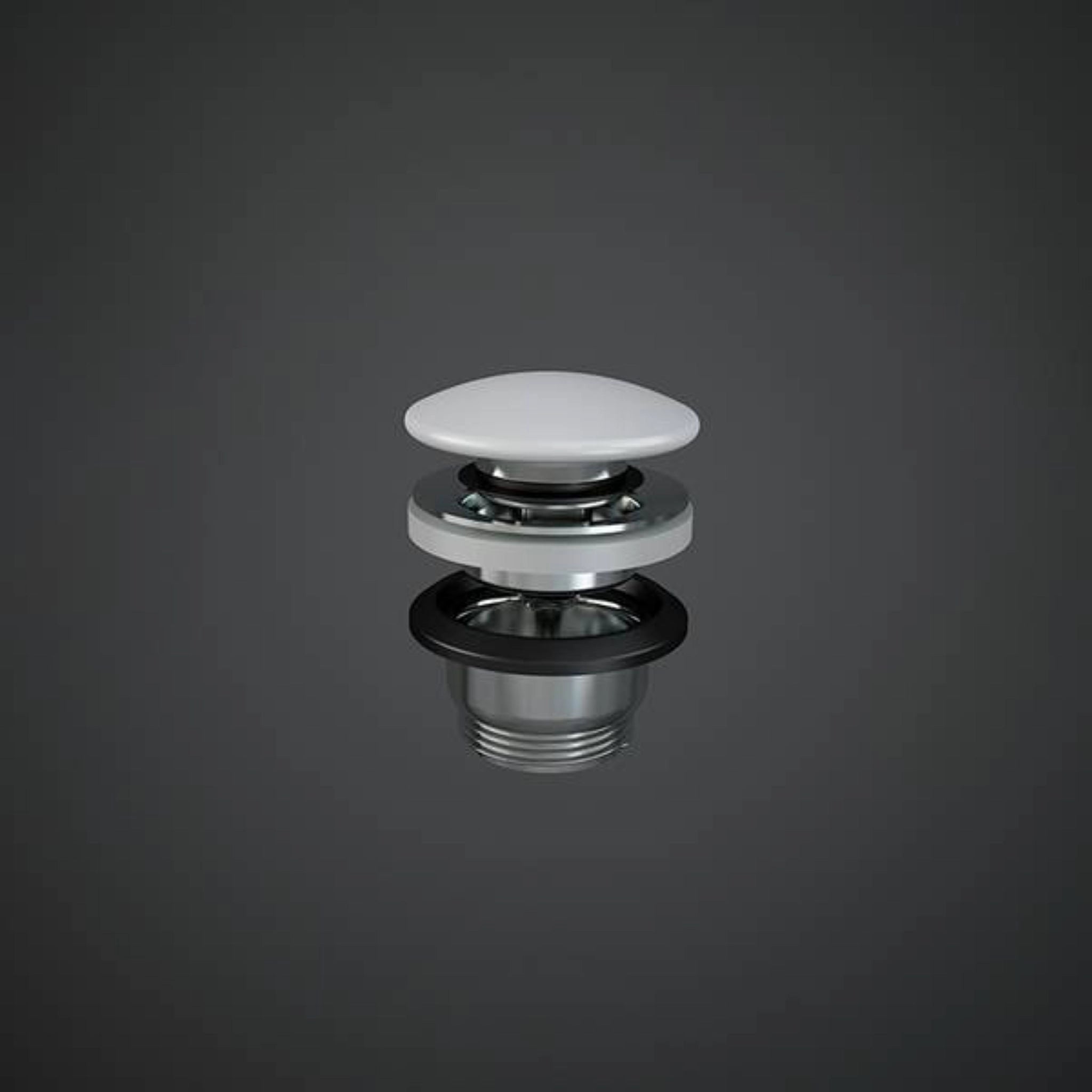 RAK Ceramics Duo round click-clack pop-up basin waste featuring a high-quality Matte White ceramic top plug and chrome-plated brass body.