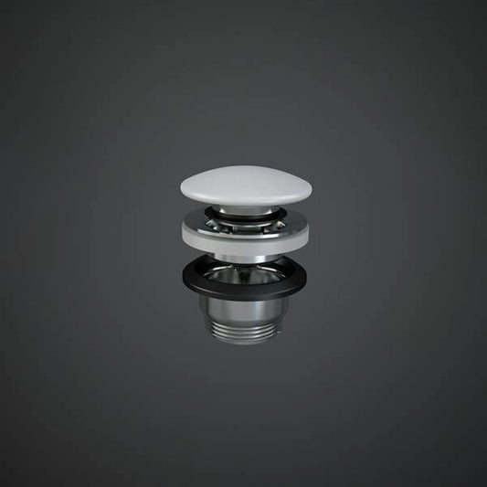 RAK Ceramics Duo round click-clack pop-up basin waste featuring a high-quality Matte White ceramic top plug and chrome-plated brass body.