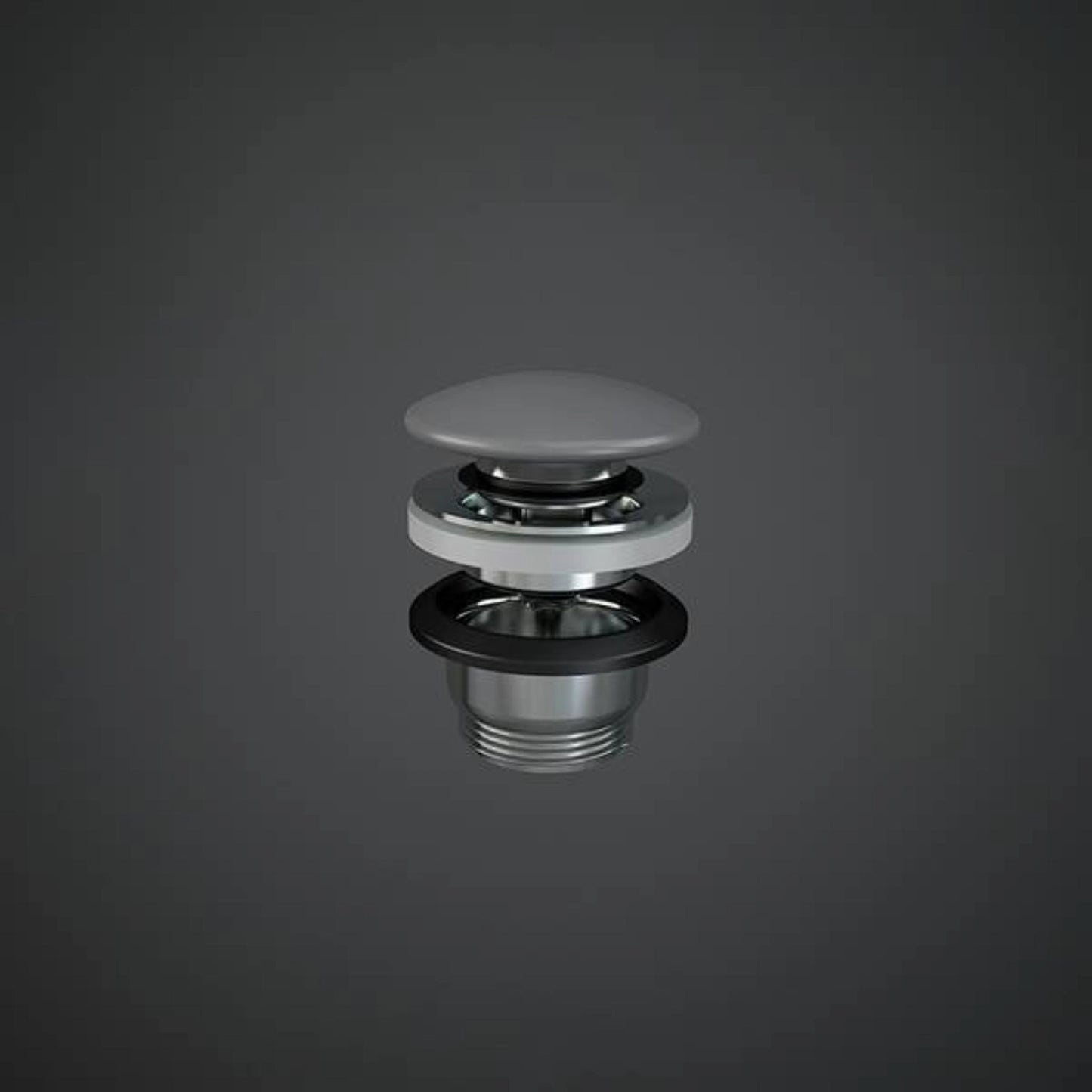 RAK Ceramics Duo click-clack basin waste with a circular ceramic pop-up plug in Matt Grey (DUO000503A) on a chrome-plated body.