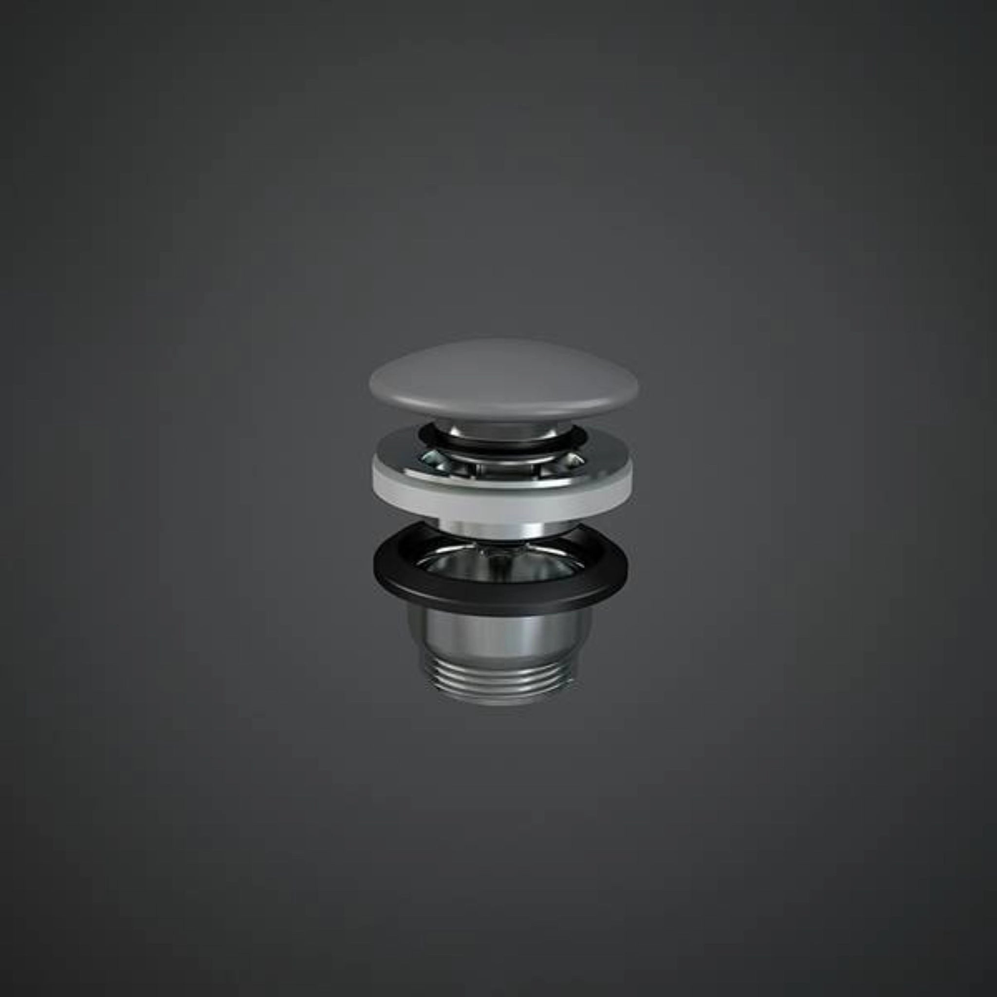 RAK Ceramics Duo click-clack basin waste with a circular ceramic pop-up plug in Matt Grey (DUO000503A) on a chrome-plated body.