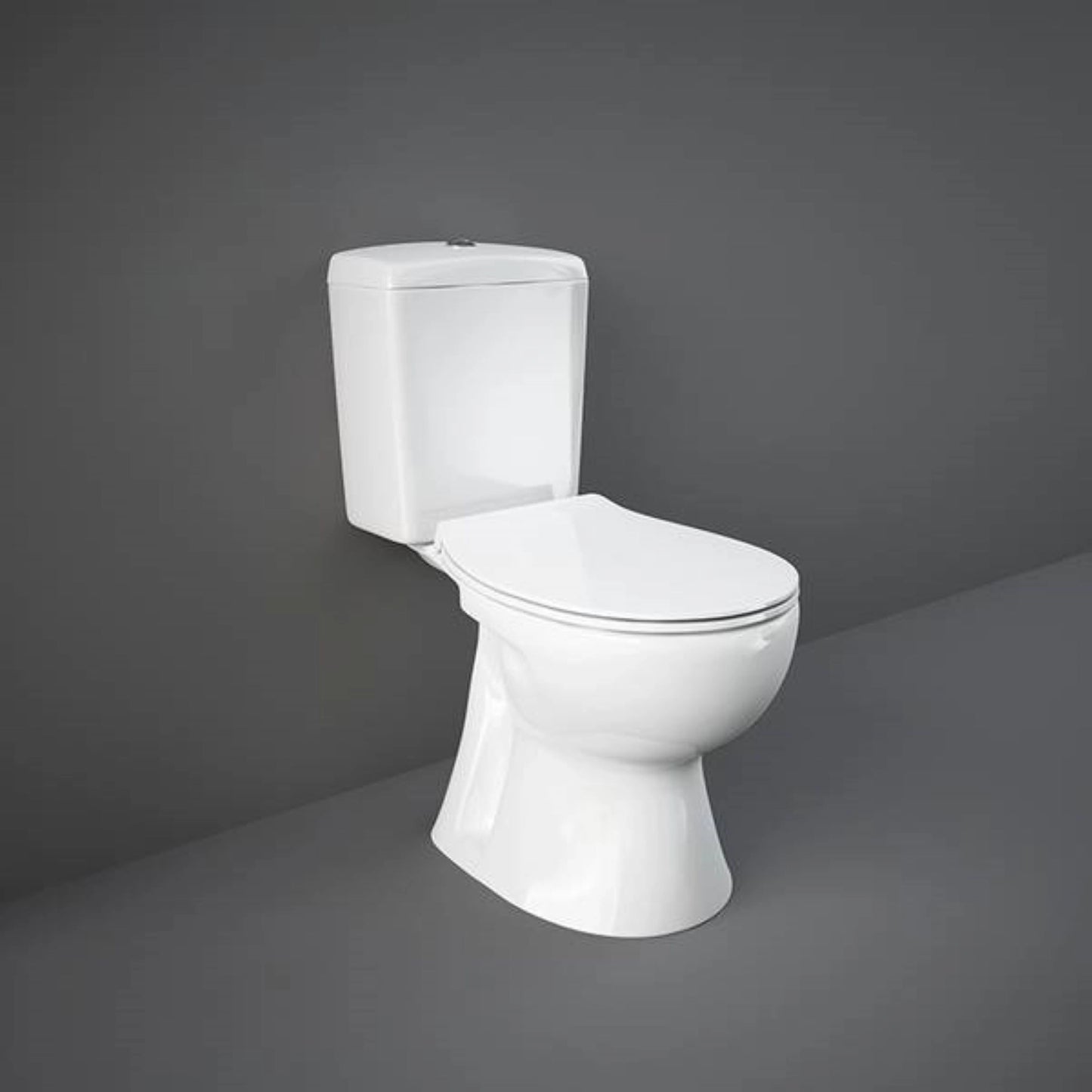 RAK-Flora FL17AWHA close coupled water closet pan in Alpine White, 675mm round design with S-trap and concealed trapway.