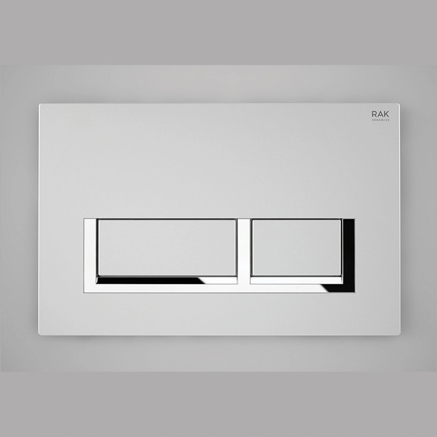 RAK Ceramics RAK-Ecofix rectangular push plate in Matt Chrome finish featuring a slim profile and dual rectangular flush buttons.