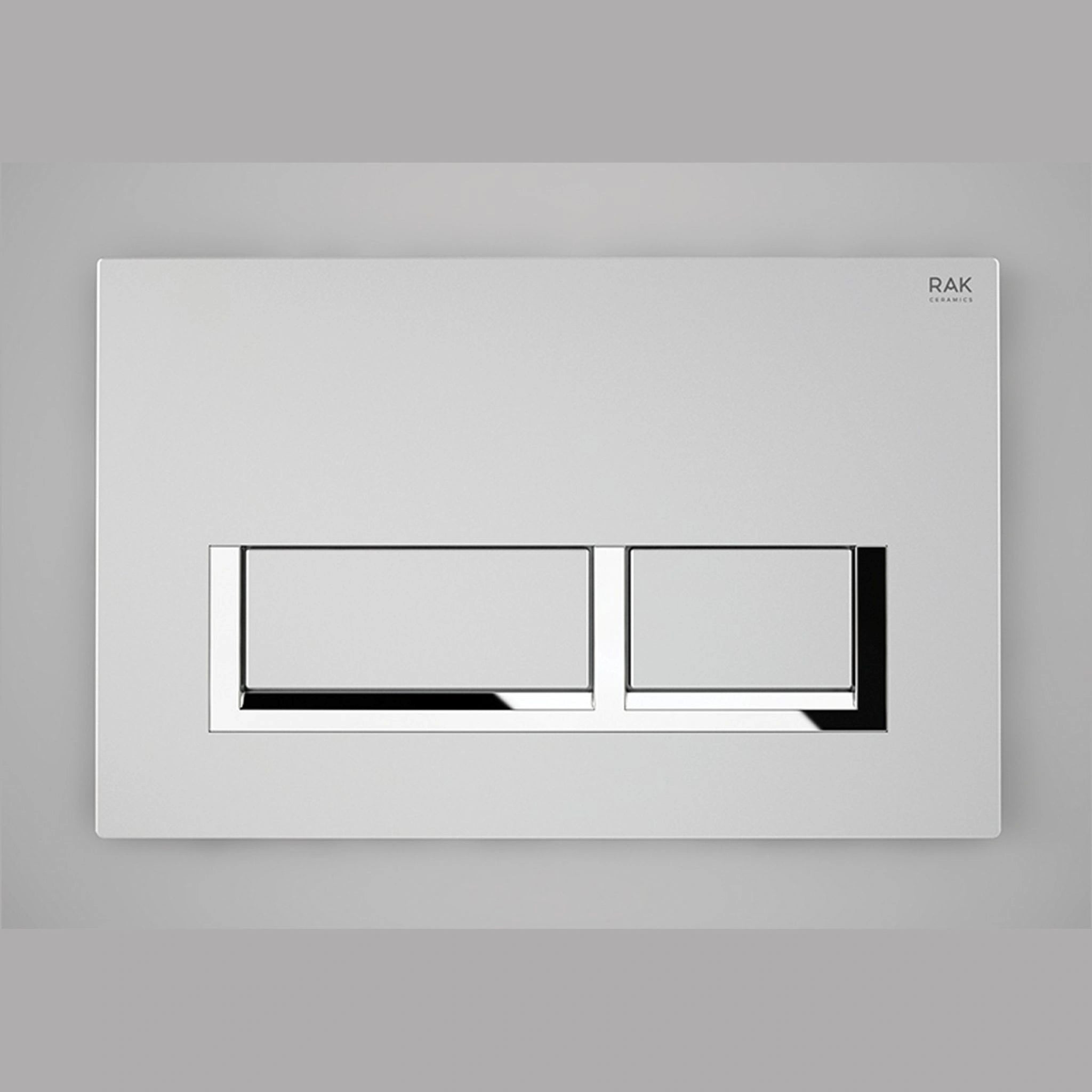 RAK Ceramics RAK-Ecofix rectangular push plate in Matt Chrome finish featuring a slim profile and dual rectangular flush buttons.