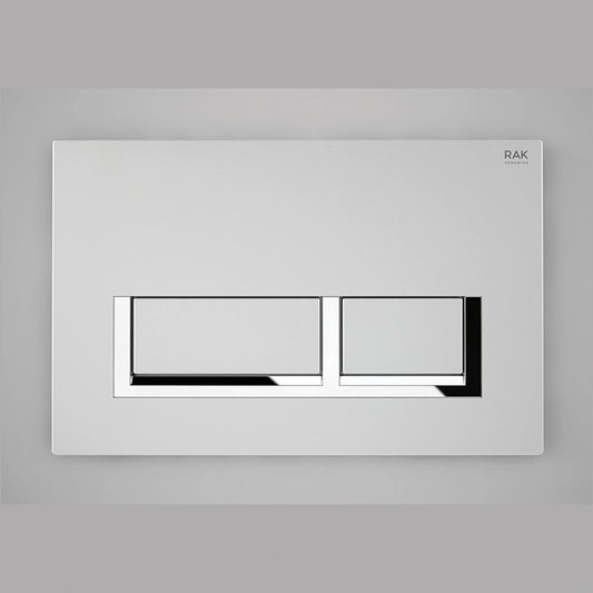 RAK Ceramics RAK-Ecofix rectangular push plate in Matt Chrome finish featuring a slim profile and dual rectangular flush buttons.