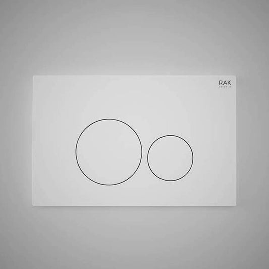 Front view of the RAK Ceramics RAK-Ecofix rectangular push plate in a sleek Matt White finish, featuring two circular dual-flush buttons.