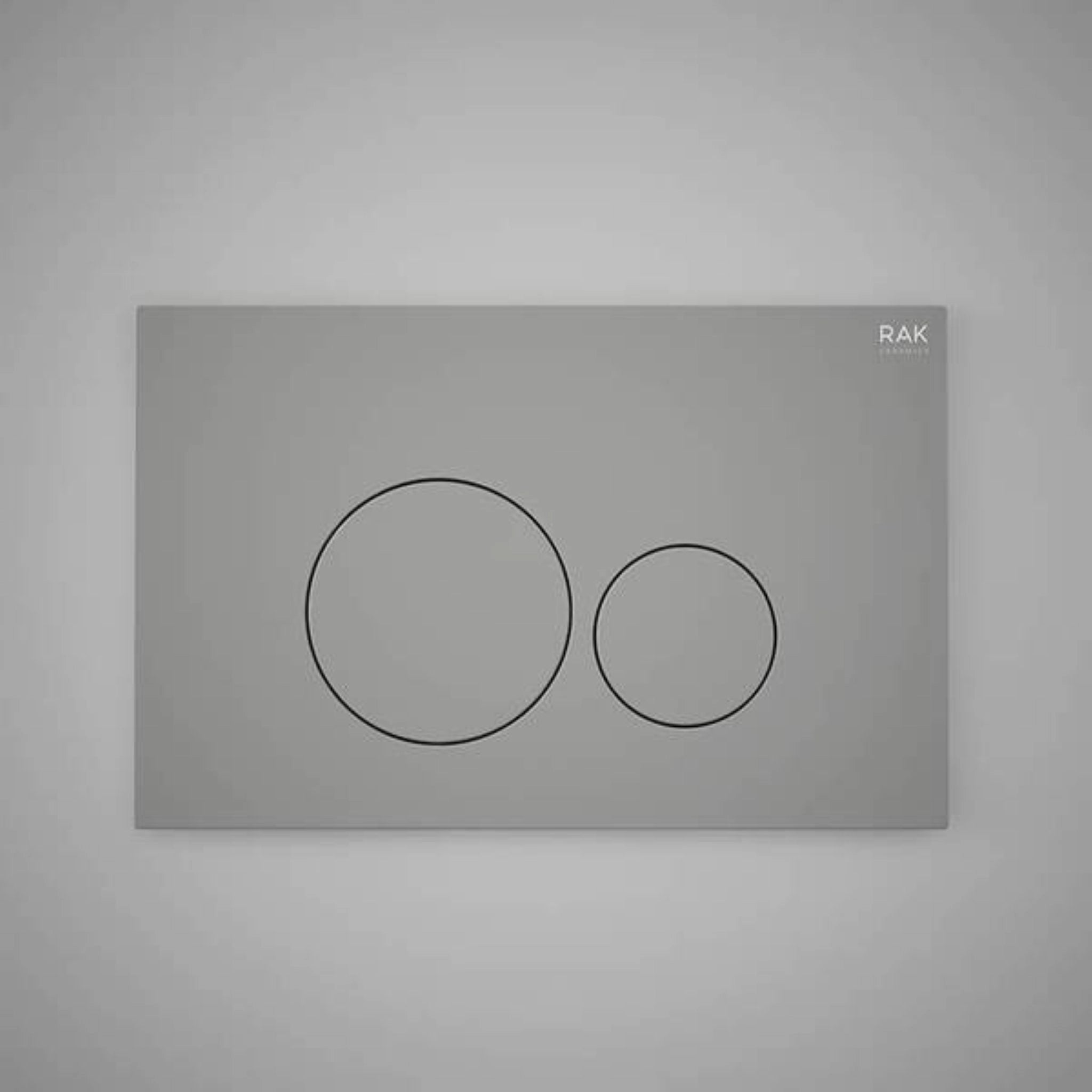 RAK Ceramics RAK-Ecofix rectangular push plate in Matt Grey finish featuring two circular dual-flush buttons for a contemporary look.