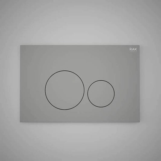 RAK Ceramics RAK-Ecofix rectangular push plate in Matt Grey finish featuring two circular dual-flush buttons for a contemporary look.