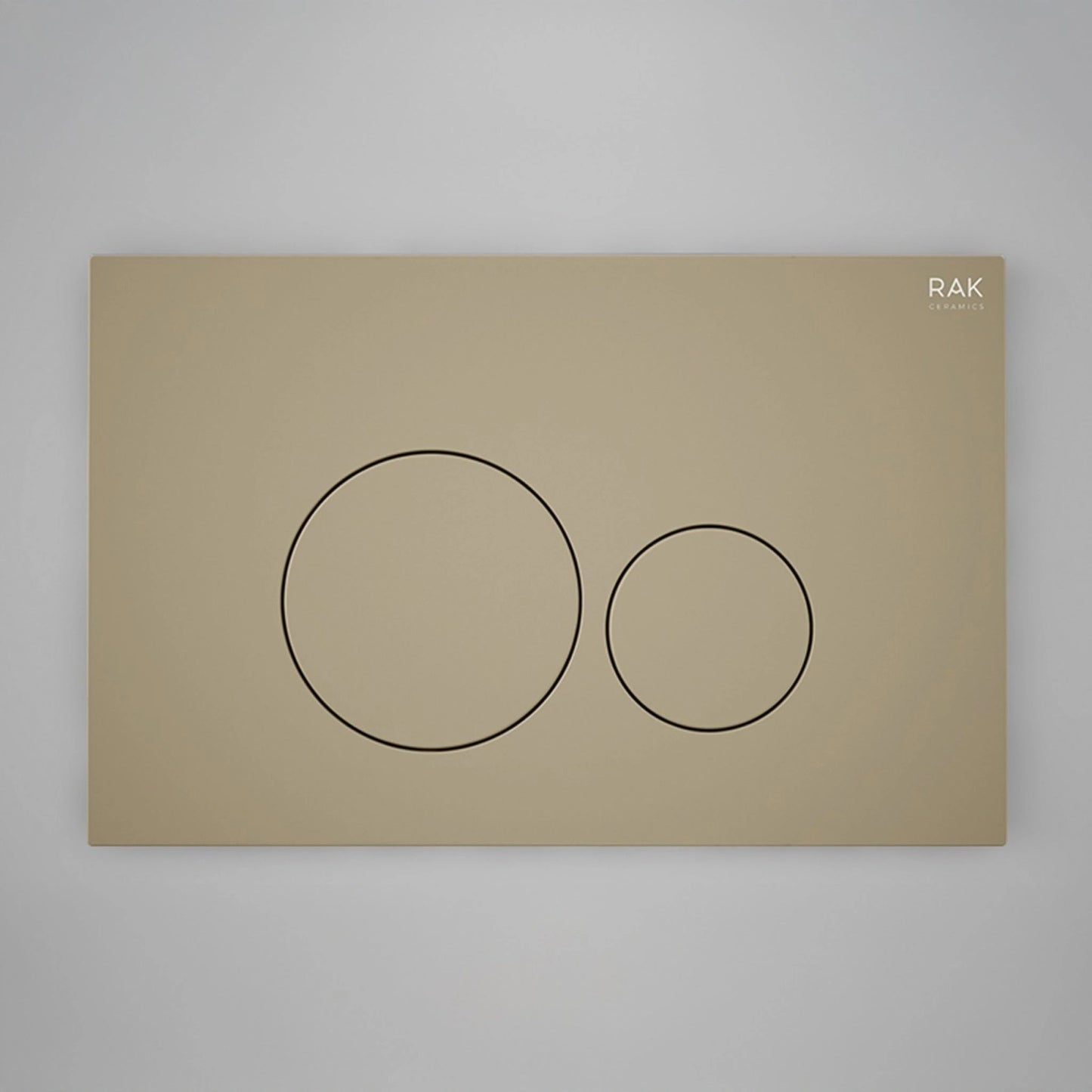 RAK-Ecofix rectangular push plate with two round dual-flush buttons in a smooth Matt Cappuccino finish, shown from the front.