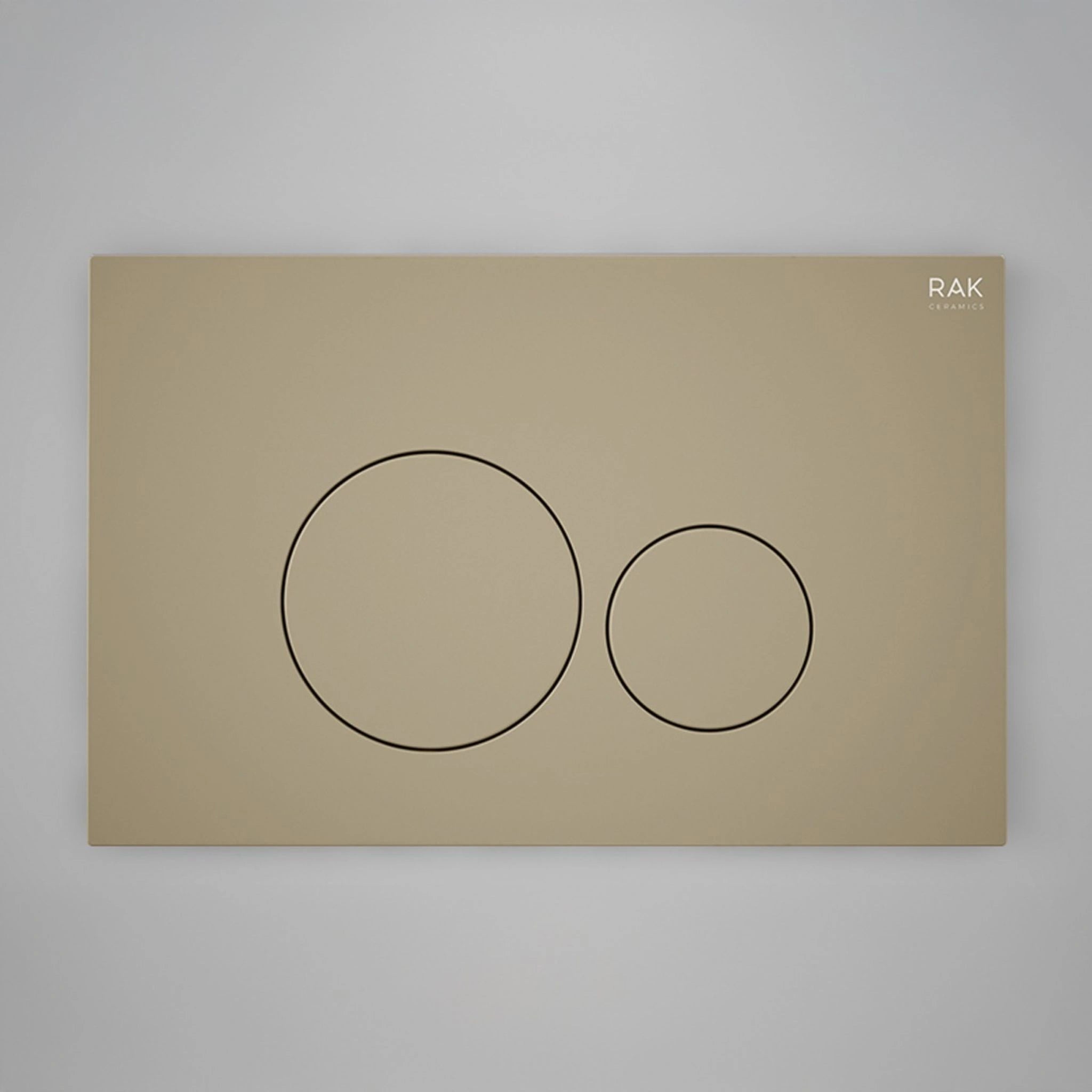 RAK-Ecofix rectangular push plate with two round dual-flush buttons in a smooth Matt Cappuccino finish, shown from the front.