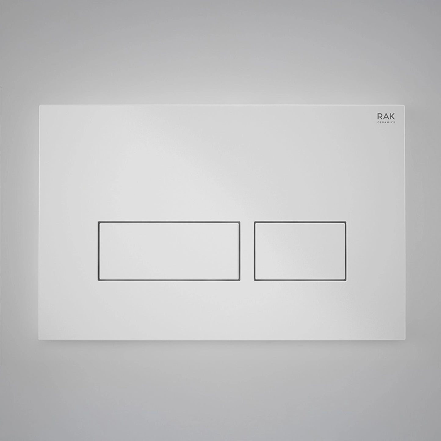 RAK Ceramics RAK-Ecofix rectangular dual-flush push plate in a glossy white finish with chrome-accented buttons.