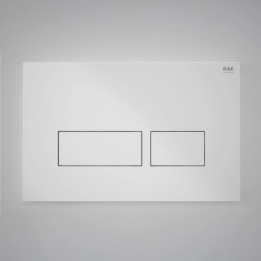 RAK Ceramics RAK-Ecofix rectangular dual-flush push plate in a glossy white finish with chrome-accented buttons.