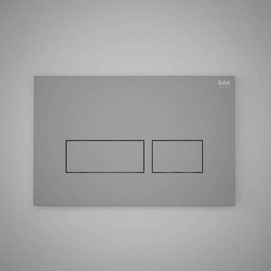 Front view of the RAK Ecofix rectangular dual flush plate in a contemporary Matt Grey finish, featuring two rectangular push buttons.