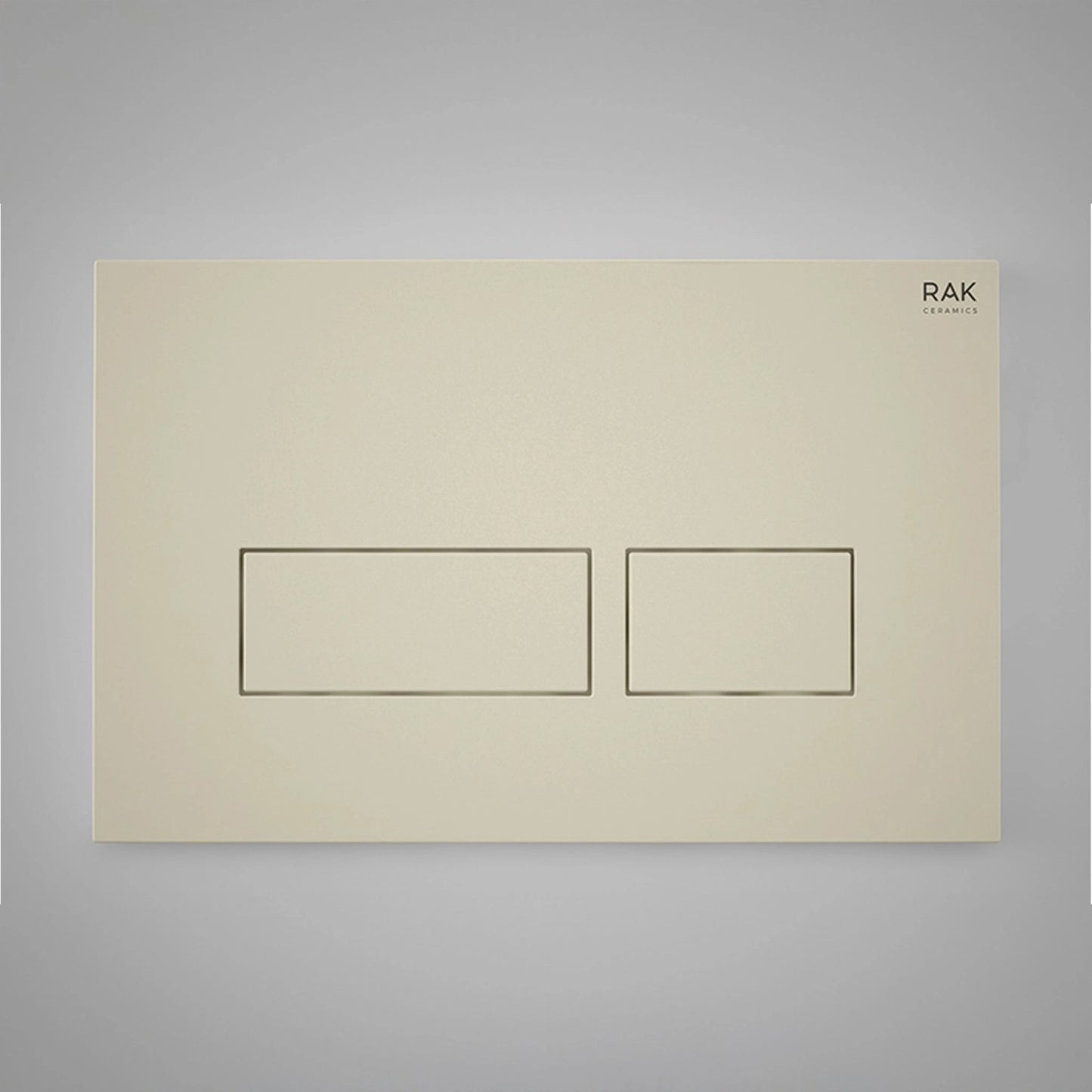 Front view of the RAK Ceramics RAK-Ecofix rectangular push plate in a smooth Matt Greige finish, featuring two sleek rectangular dual-flush buttons.