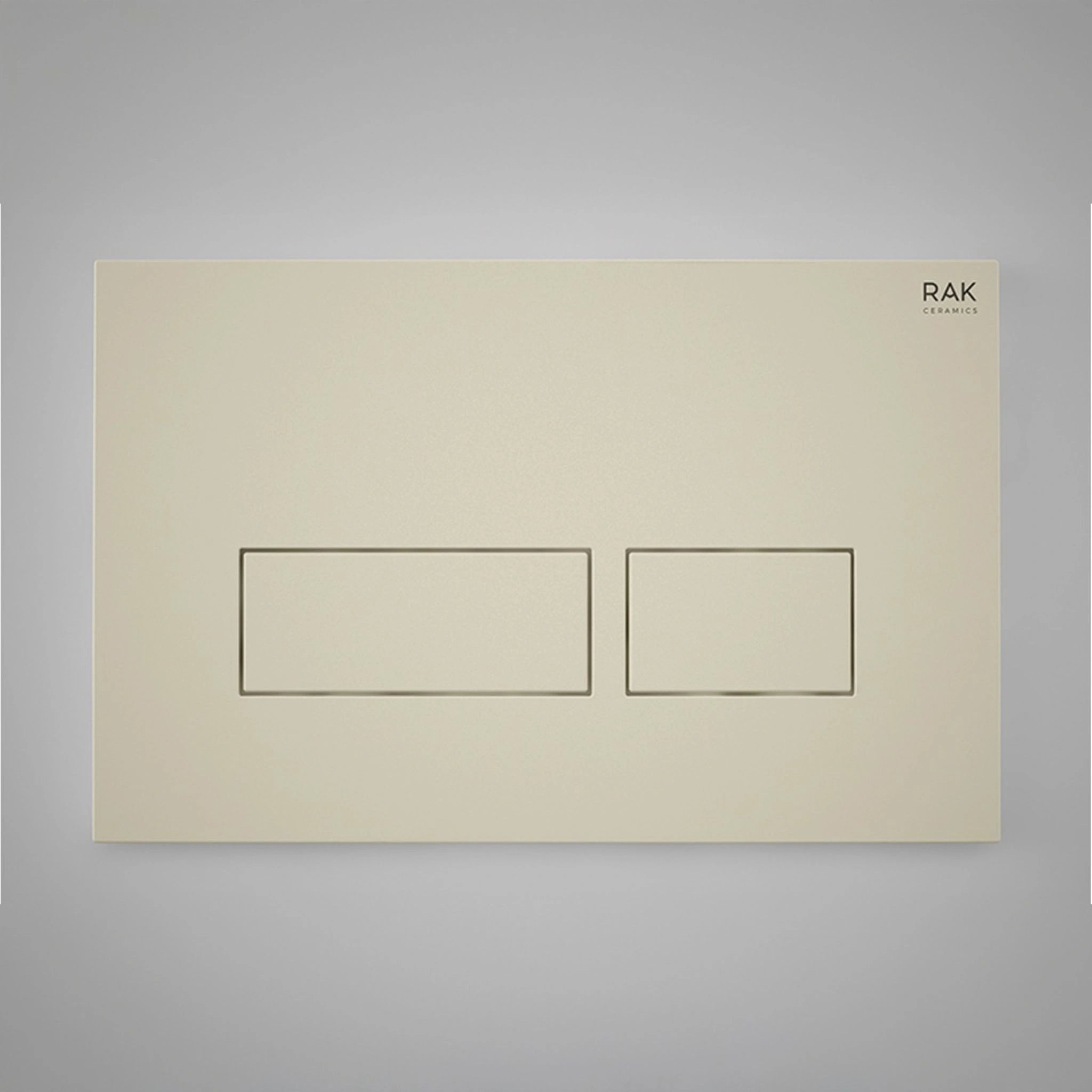 Front view of the RAK Ceramics RAK-Ecofix rectangular push plate in a smooth Matt Greige finish, featuring two sleek rectangular dual-flush buttons.