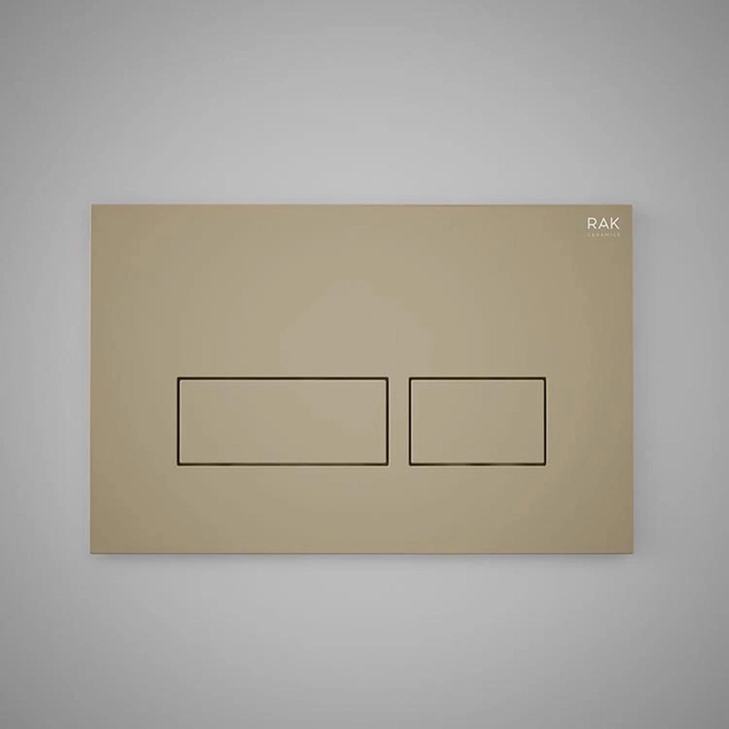 RAK Ceramics Neofix rectangular dual flush push plate in a smooth Matt Cappuccino finish, showcasing its modern design and dual-button interface against a clean background.