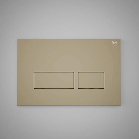 RAK Ceramics Neofix rectangular dual flush push plate in a smooth Matt Cappuccino finish, showcasing its modern design and dual-button interface against a clean background.