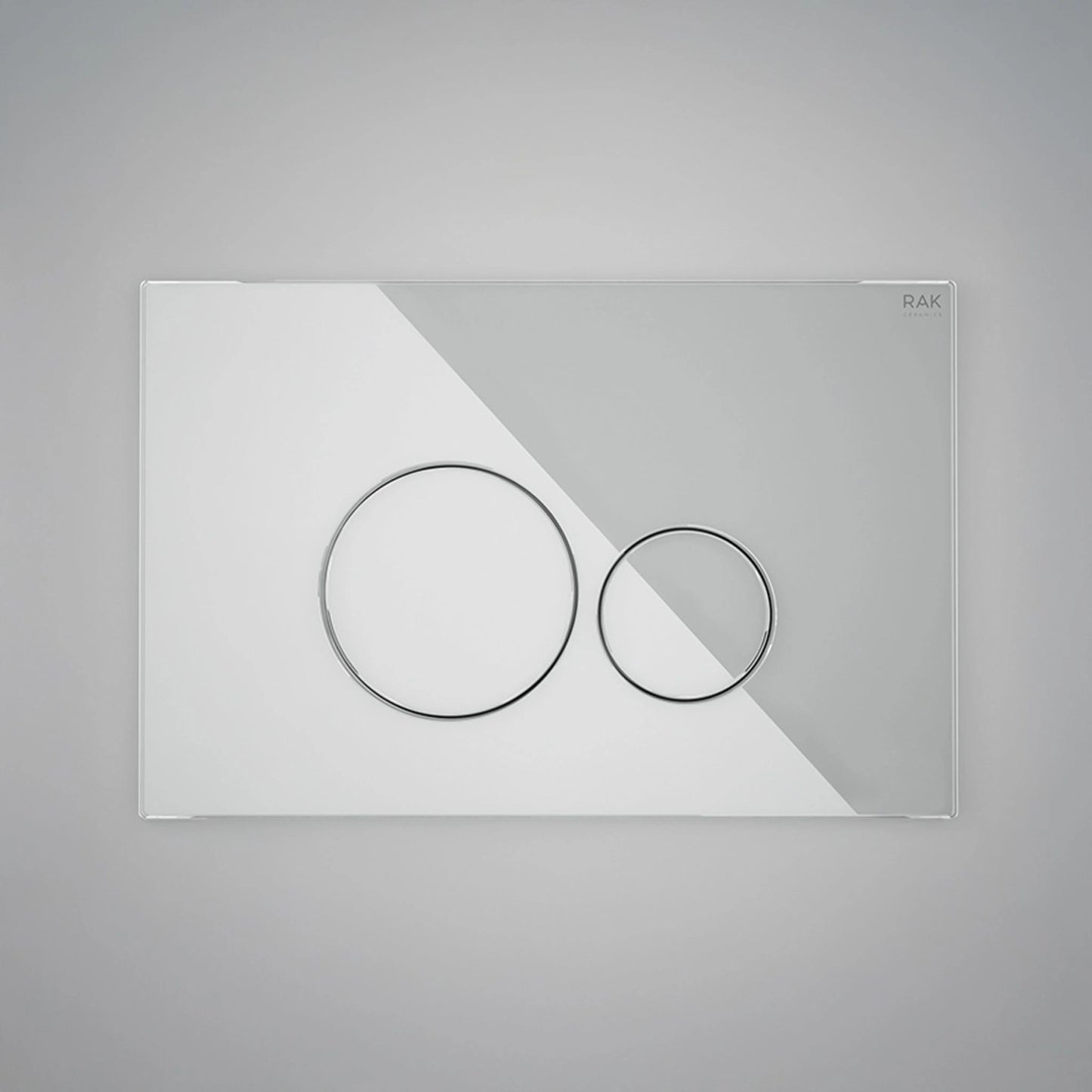 RAK Ceramics Ecofix luxury dual flush push plate (FSRAKPPL009) featuring two circular buttons on a sleek white tempered glass rectangular panel.
