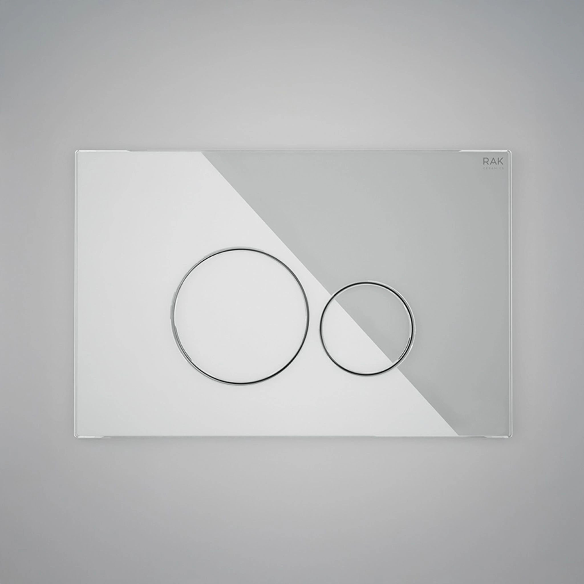 RAK Ceramics Ecofix luxury dual flush push plate (FSRAKPPL009) featuring two circular buttons on a sleek white tempered glass rectangular panel.