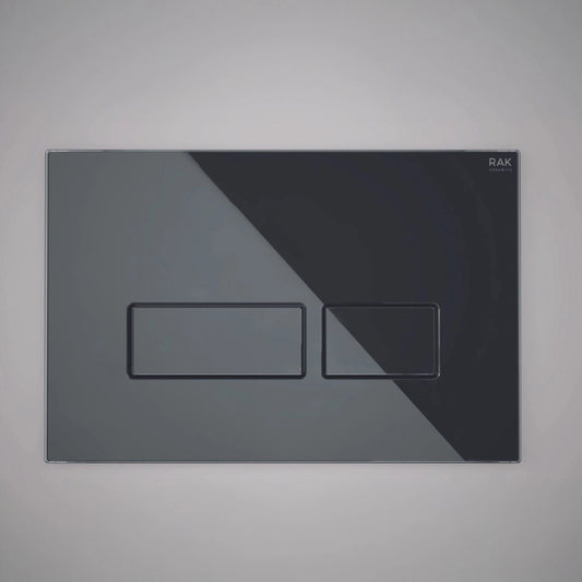RAK Ceramics Ecofix rectangular dual flush push plate in premium Black Glass (FSRAKPPL012) featuring two geometric flush buttons.