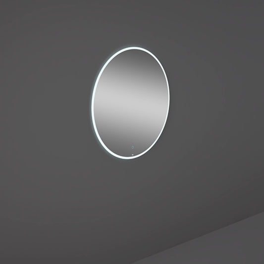 RAK Ceramics Joy 60cm round bathroom mirror featuring a sleek frameless edge and integrated cool white LED light strip.