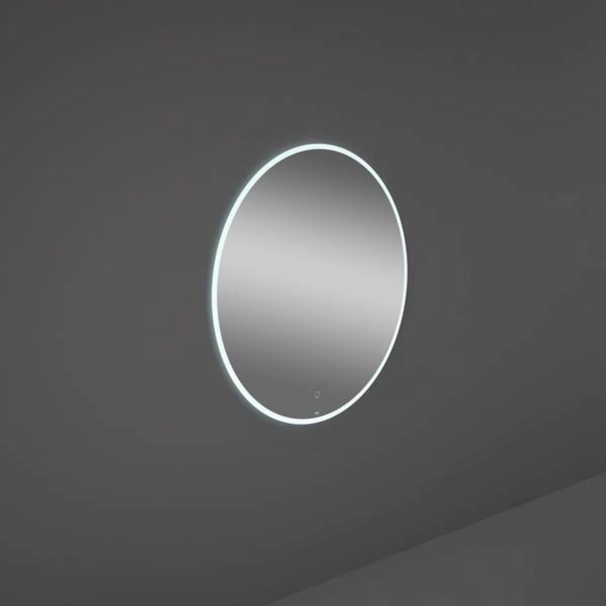 RAK Ceramics Joy Uno 80cm round bathroom mirror with integrated perimeter LED lighting in cool white, showcasing its sleek frameless design.