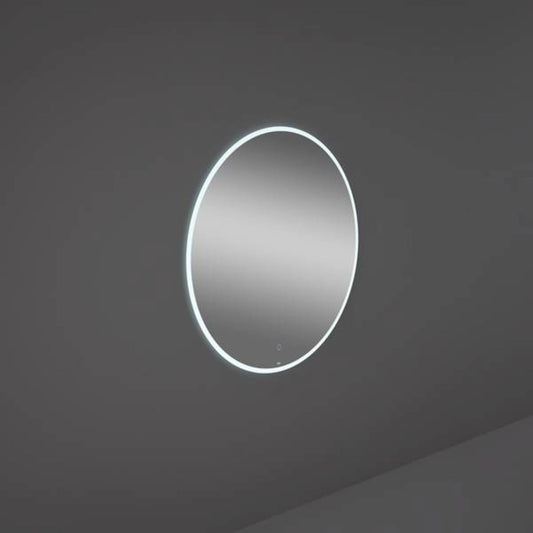 RAK Ceramics Joy Uno 80cm round bathroom mirror with integrated perimeter LED lighting in cool white, showcasing its sleek frameless design.