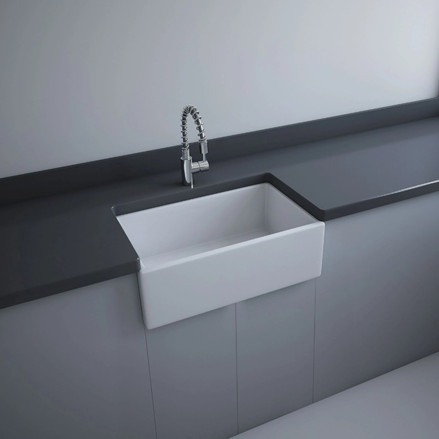 RAK Ceramics Stella apron front farmhouse kitchen sink in Alpine White (OC115AWHA), showcasing its smooth rectangular bowl and traditional deep-front design.