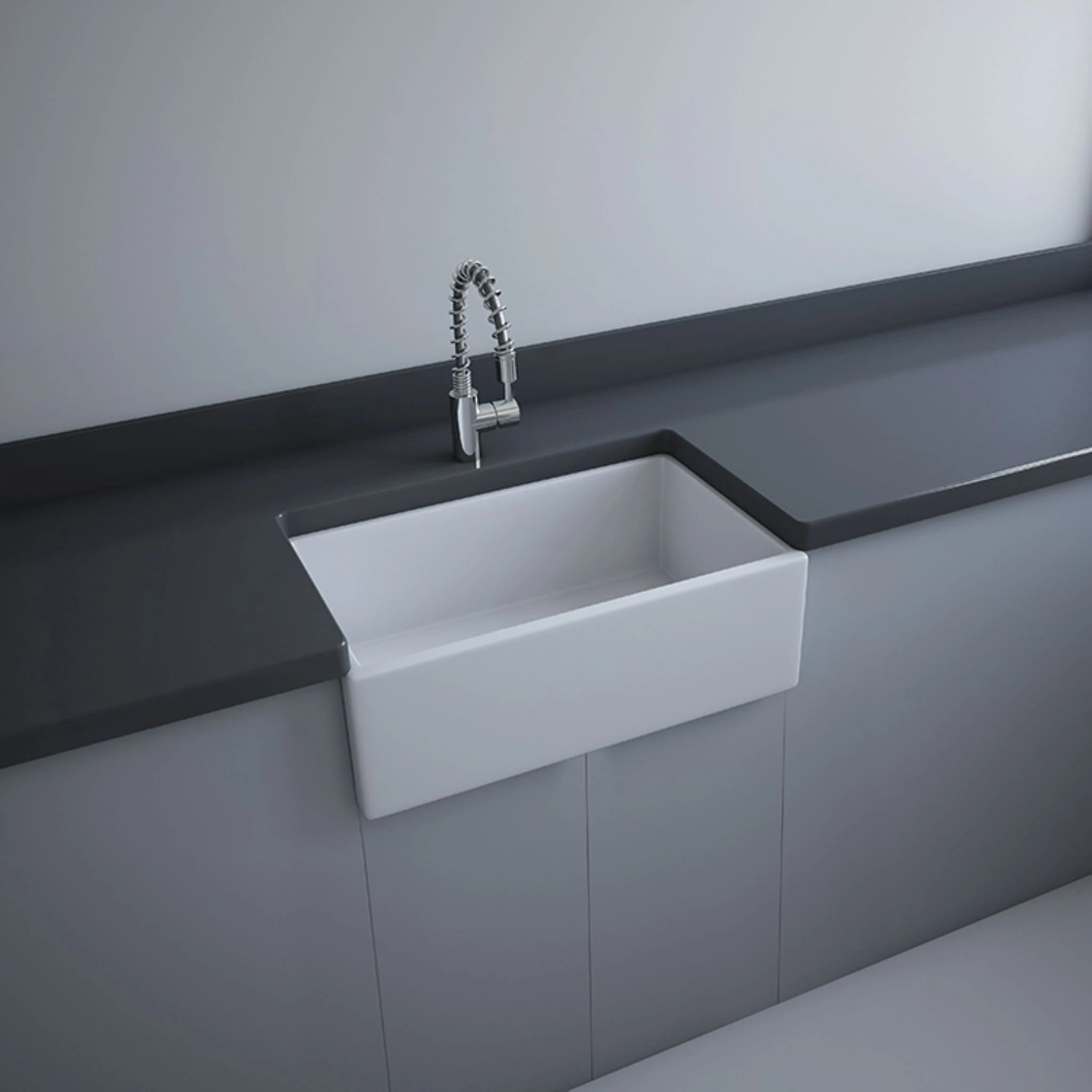 RAK Ceramics Stella apron front farmhouse kitchen sink in Alpine White (OC115AWHA), showcasing its smooth rectangular bowl and traditional deep-front design.