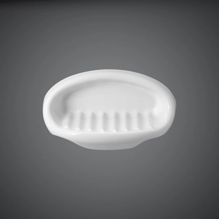 A clear studio view of the RAK-Europa Medium Soap Holder in Alpine White, featuring its smooth ceramic finish and elegant curved rectangular shape.